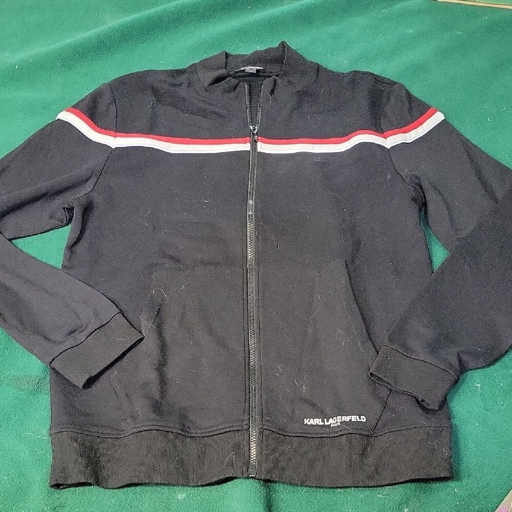 .ens L Karl Lagerfeld Paris track jacket black with white and red stripes. NWT
